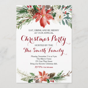 Watercolor Floral Christmas Party Invitation
