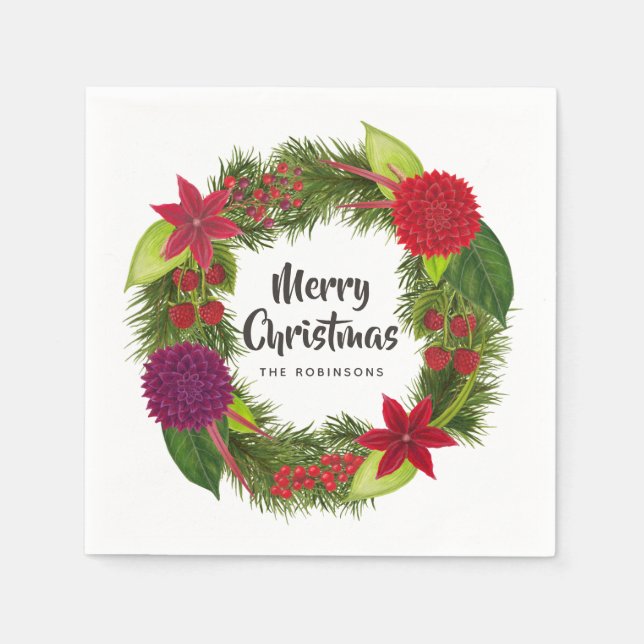 Watercolor Floral Christmas Party Napkin (Front)