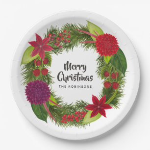 Watercolor Floral Christmas Party Paper Plate