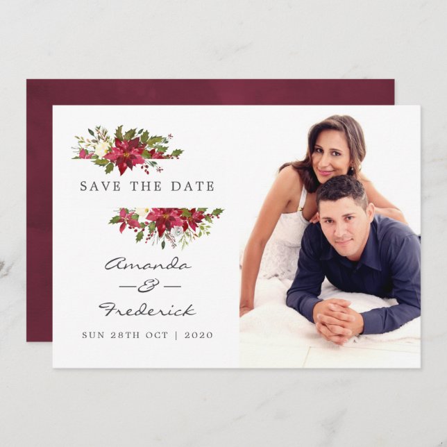 Watercolor Floral Christmas Wedding Save the Date Invitation (Front/Back)