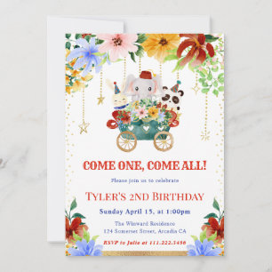 Watercolor Floral Circus Animals Birthday Party Invitation
