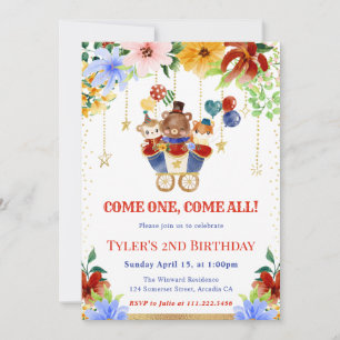 Watercolor Floral Circus Animals Birthday Party Invitation