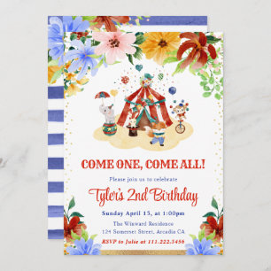 Watercolor Floral Circus Animals Birthday Party Invitation