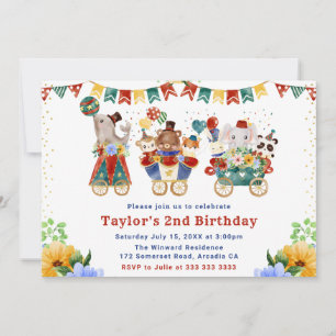 Watercolor Floral Circus Animals Train Birthday Invitation