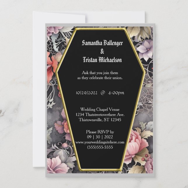 Watercolor Floral Coffin Shape Modern Goth Wedding Invitation (Front)
