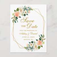 Watercolor Floral Coral Gold Frame Save the Date