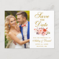 Watercolor Floral Coral Gold Photo Save The Date