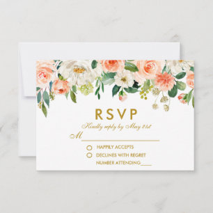 Watercolor Floral Coral Gold RSVP Wedding Card