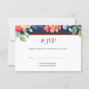 Watercolor Floral Coral Navy Foliage Wedding RSVP Card