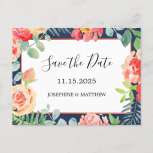 Watercolor Floral Coral Navy Wedding Save The Date Announcement Postcard