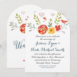 Watercolor Floral Coral Yellow Green Blue Wedding Invitation