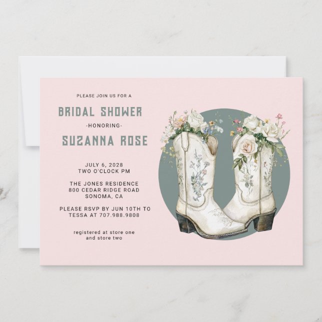 Watercolor Floral Cowgirl Boots Pink Bridal Shower Invitation (Front)