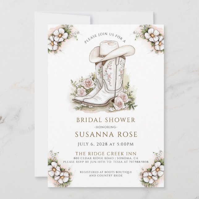 Watercolor Floral Cowgirl Hat Boots Bridal Shower Invitation (Front)