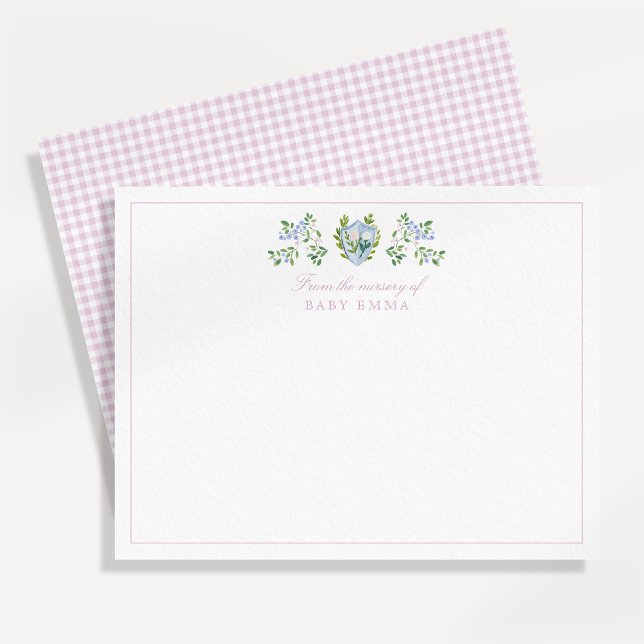 Watercolor floral crest gingham nursery note card (Creator Uploaded)