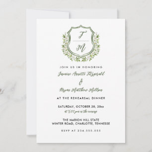 Watercolor Floral Crest Monogram Rehearsal Dinner Invitation