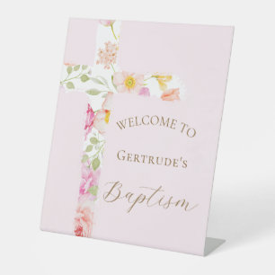 watercolor floral cross Baptism welcome Pedestal Sign