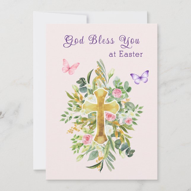 Watercolor Floral Cross Christian Easter Holiday Card (Front)
