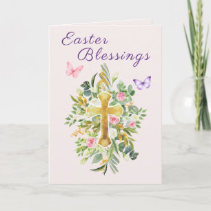 Watercolor Floral Cross Easter Blessings Scripture Holiday Card