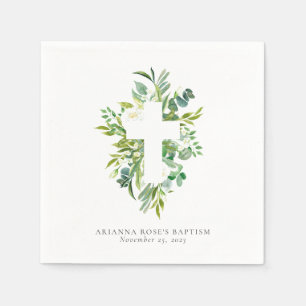 Watercolor Floral Cross Greenery Baptism Napkin