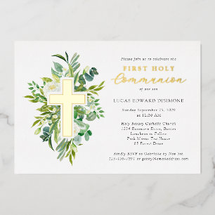 Watercolor Floral Cross Holy Communion Gold