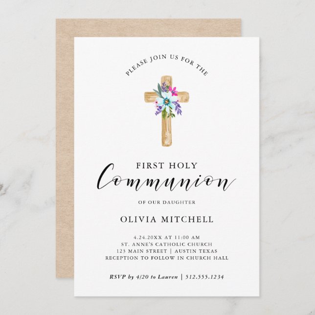 Watercolor Floral Cross Kraft Look First Communion Invitation (Front/Back)