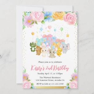 Watercolor Floral Cute Animal Friends Birthday Invitation