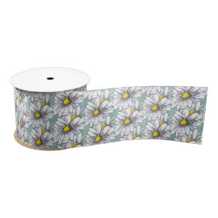 Watercolor Floral Daisy Duck Egg Blue Boho Satin Ribbon