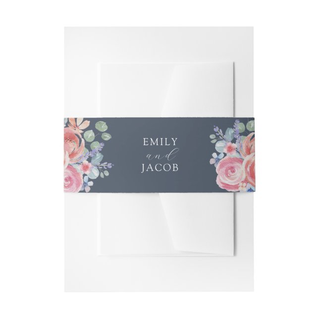 Watercolor floral Dark Blue Wedding  Invitation Belly Band (Front Example)