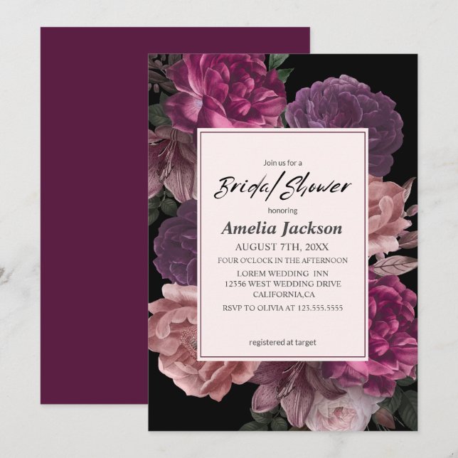  Watercolor floral dark moody black bridal shower Invitation (Front/Back)