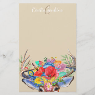 Watercolor Floral Deer Antlers & Name Stationery