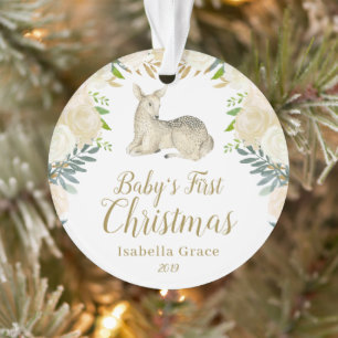 Watercolor Floral Deer Baby's First Christmas Ornament