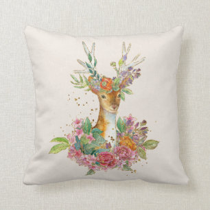 Watercolor Floral Deer Pillow