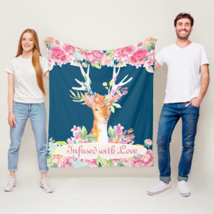 Watercolor Floral Deer with Antlers, Navy and Pink Fleece Blanket