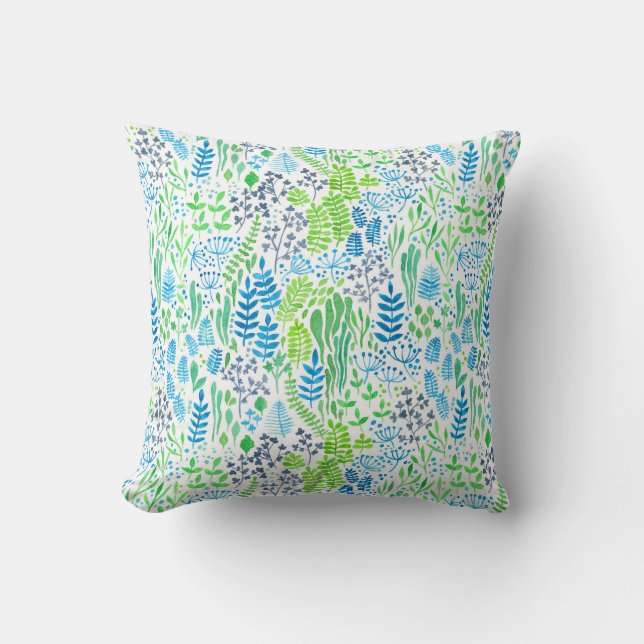 Watercolor floral doodles white cushion (Front)