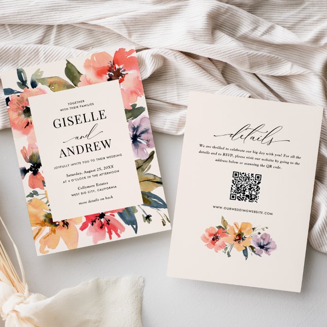Watercolor Floral Doublesided Wedding Website QR  Invitation (Creator Uploaded)