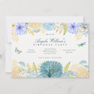 Watercolor floral dragonfly butterfly birthday invitation