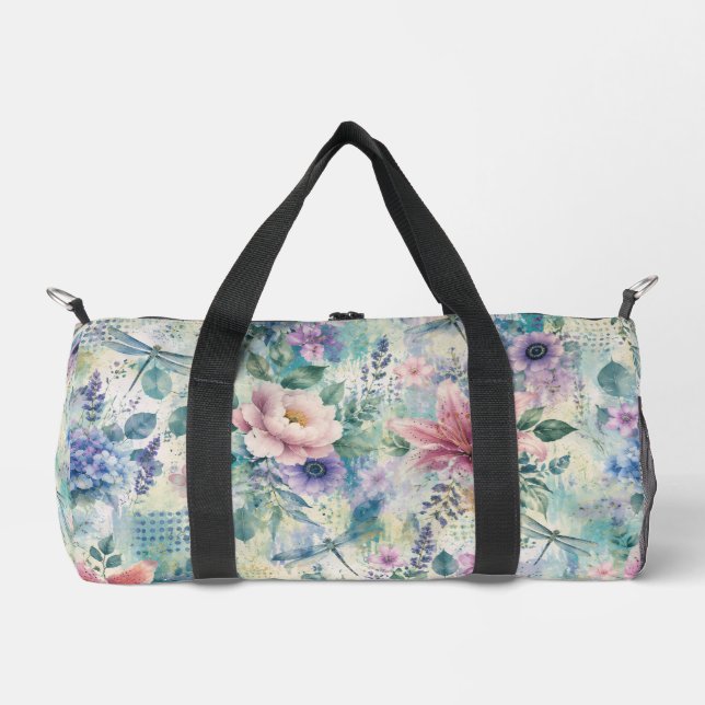 Watercolor Floral Dragonfly Pattern Duffle Bag (Front)