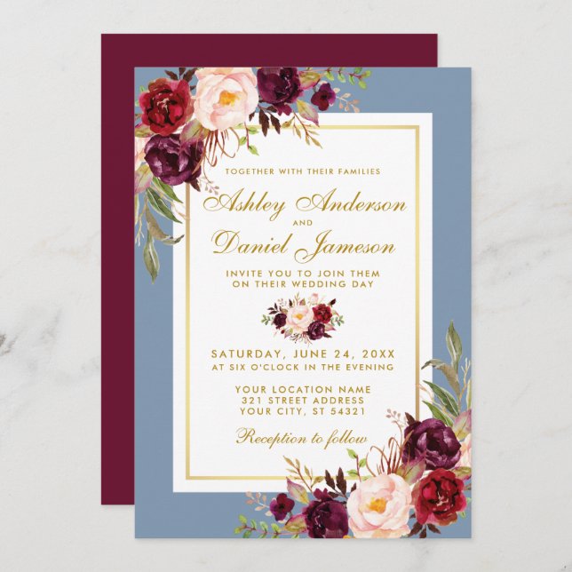 Watercolor Floral Dusty Blue Burgundy Gold Wedding Invitation (Front/Back)