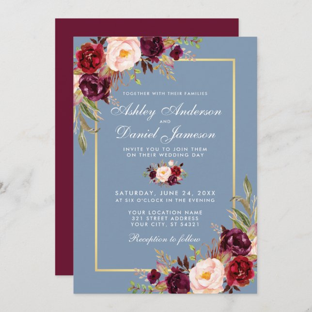 Watercolor Floral Dusty Blue Burgundy Wedding Invitation (Front/Back)