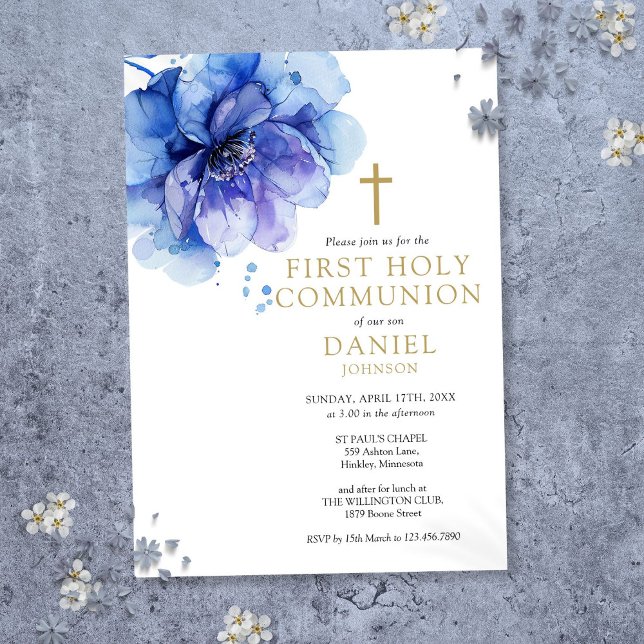 Watercolor Floral Dusty Blue First Holy Communion Invitation (Watercolor Floral Dusty Blue First Holy Communion Invitation)