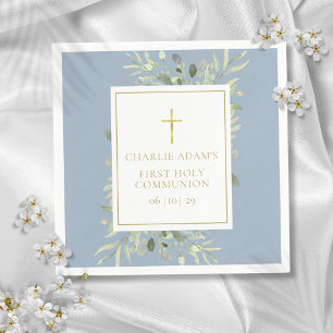 Watercolor Floral Dusty Blue First Holy Communion Napkin