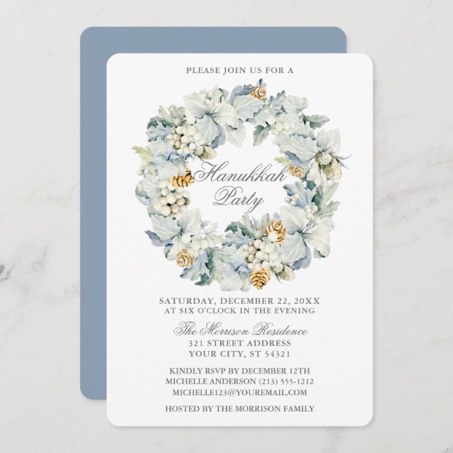 Watercolor Floral Dusty Blue Hanukkah Party Invitation (Front/Back)