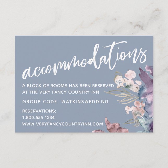 Watercolor Floral Dusty Blue Wedding Accommodation Enclosure Card (Front)