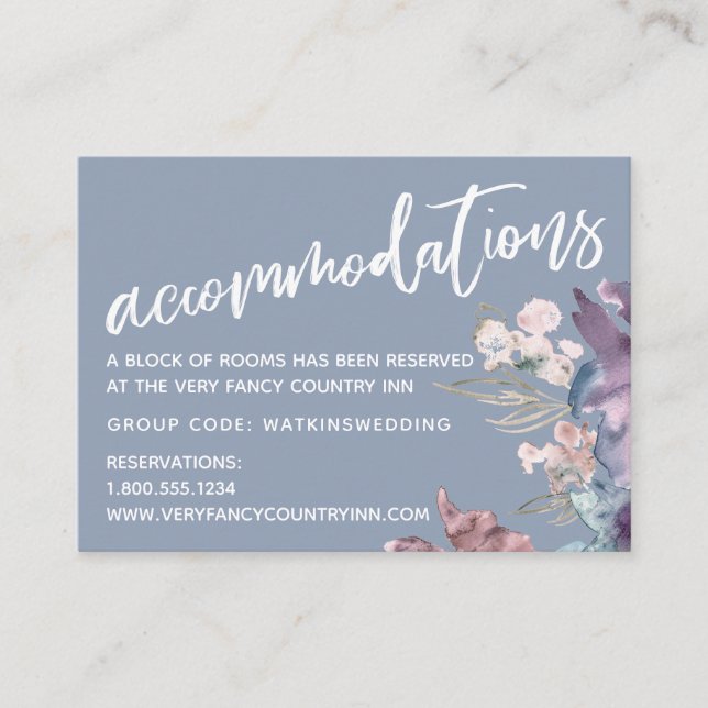 Watercolor Floral Dusty Blue Wedding Accommodation Enclosure Card (Front)