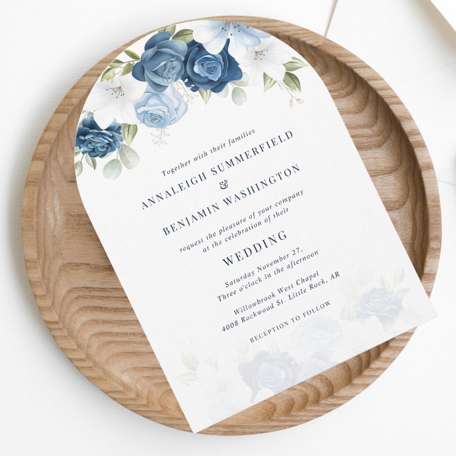 Watercolor Floral Dusty Blue Wedding Invitation (Dusty Blue Floral Watercolor Arch Wedding Invitation)
