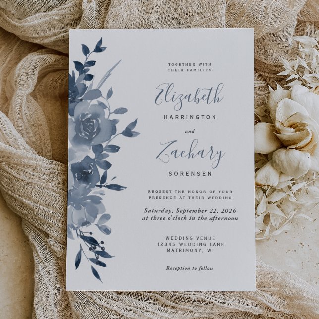Watercolor Floral Dusty Blue Wedding Invitation (Creator Uploaded)