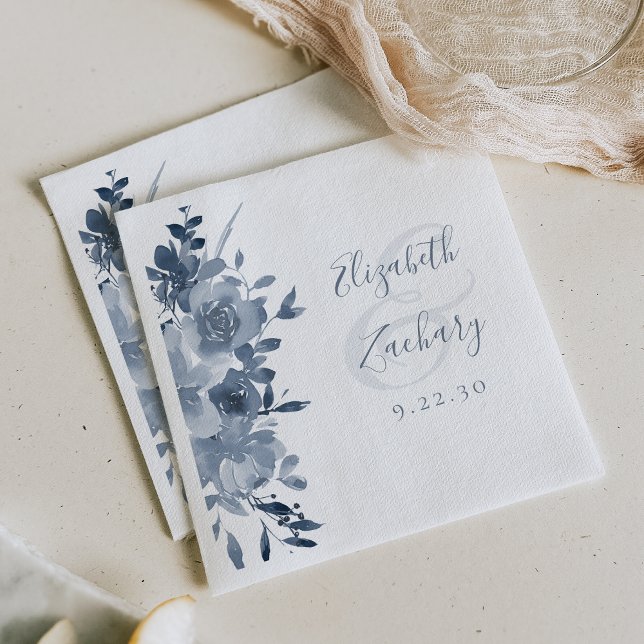 Watercolor Floral Dusty Blue  Wedding Napkin (Creator Uploaded)