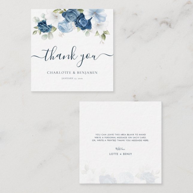 Watercolor Floral Dusty Blue Wedding Thank You Card (Front/Back)
