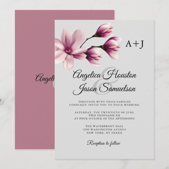 Watercolor Floral Dusty Mauve Taupe Grey Wedding Invitation (Front/Back)