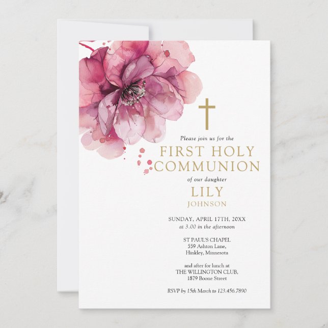 Watercolor Floral Dusty Rose First Holy Communion Invitation (Front)